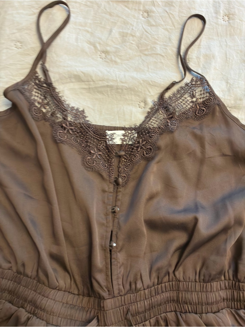 Chocolate Brown Lace-Trim Satin Cami Romper